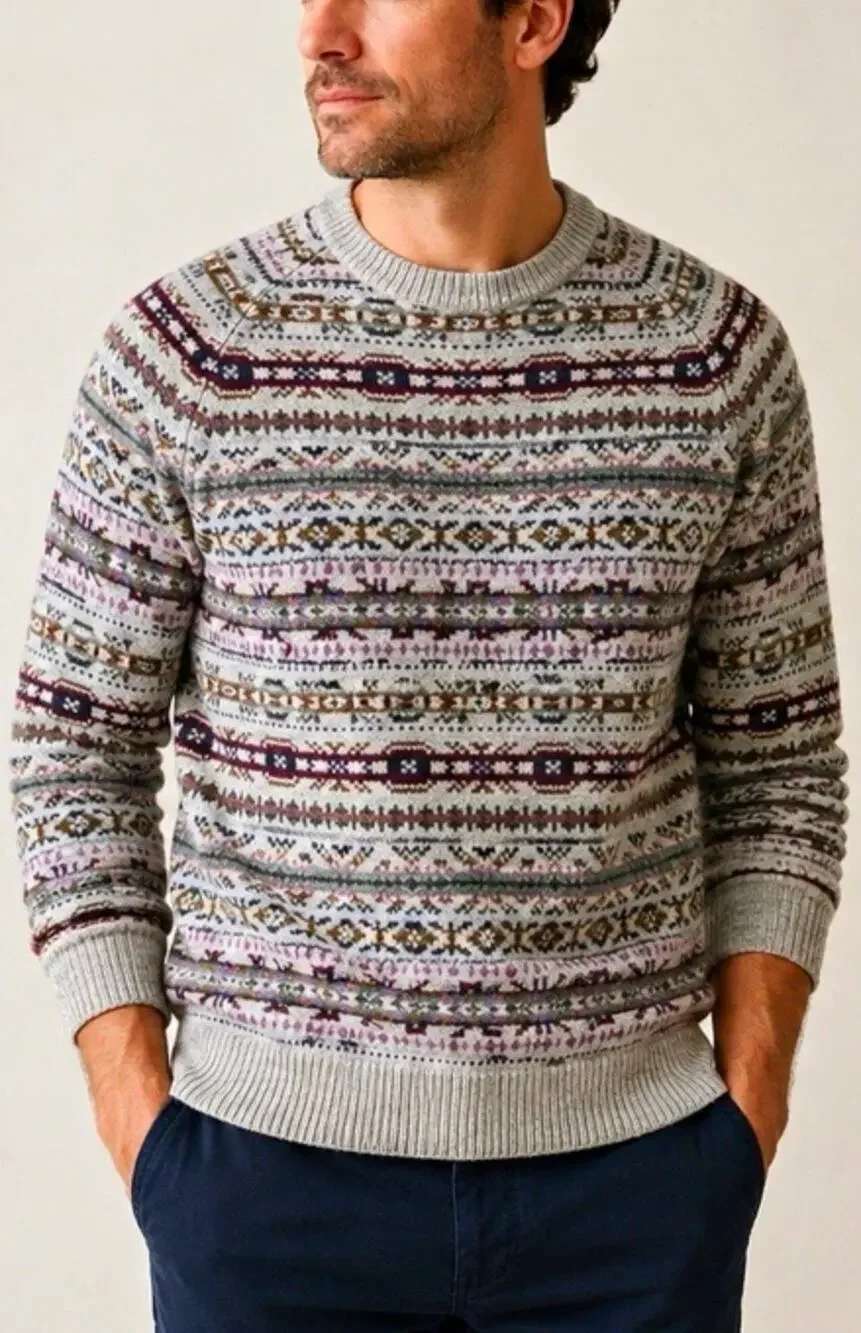 J. Crew Mens Sweater Medium Striped Gray Fair Isle Supersoft Lambs Wool Crewneck